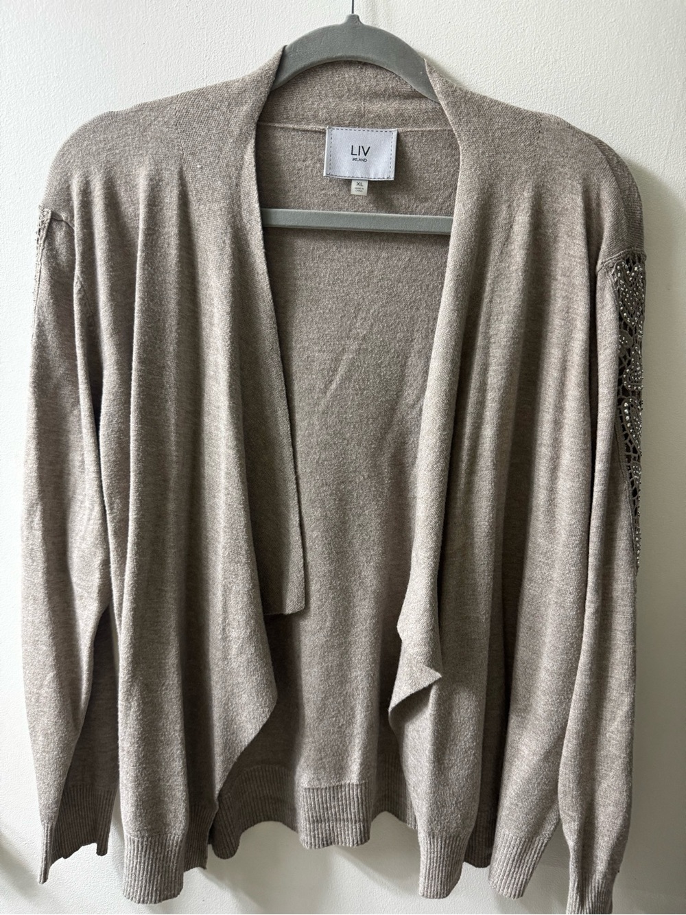 LIV Milano Open-Front Taupe Draped Cardigan with Embellished Sleeves